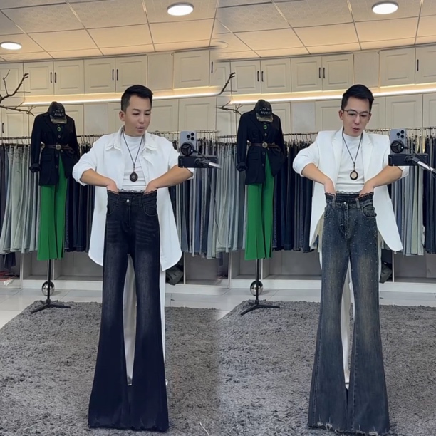 燕龙原创2073修身定制加长美式高腰显瘦重工带钻微喇牛仔裤百搭