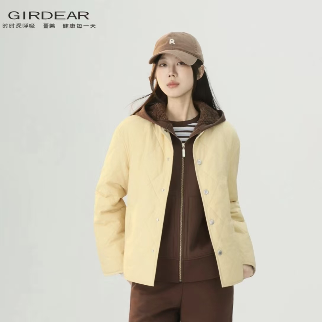 GIRDEAR/哥弟秋冬新款复古纯色简约宽松气质百搭棉服外套140051