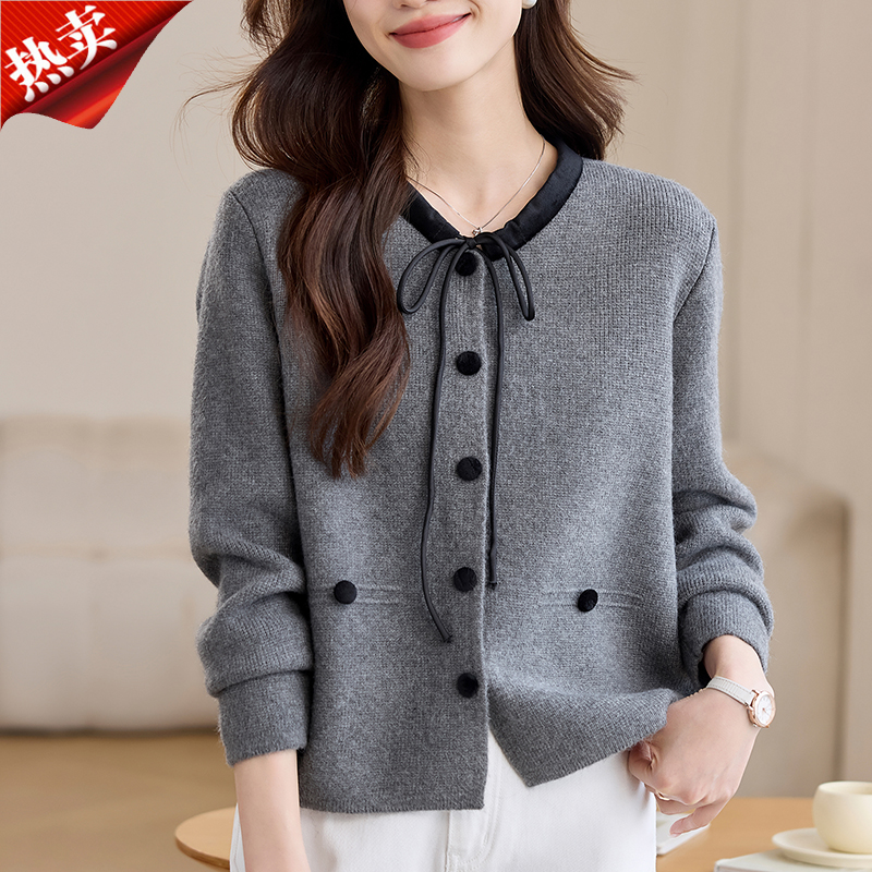 哥弟阿玛施正品极简风圆领长袖针织开衫安可拉红撞色保暖外搭春季