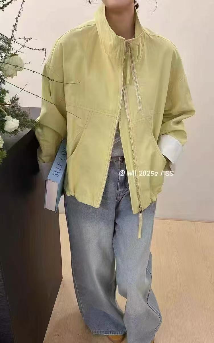 拉链刺绣加绒加厚款女立领短外套短款春季简约纯色宽松百搭