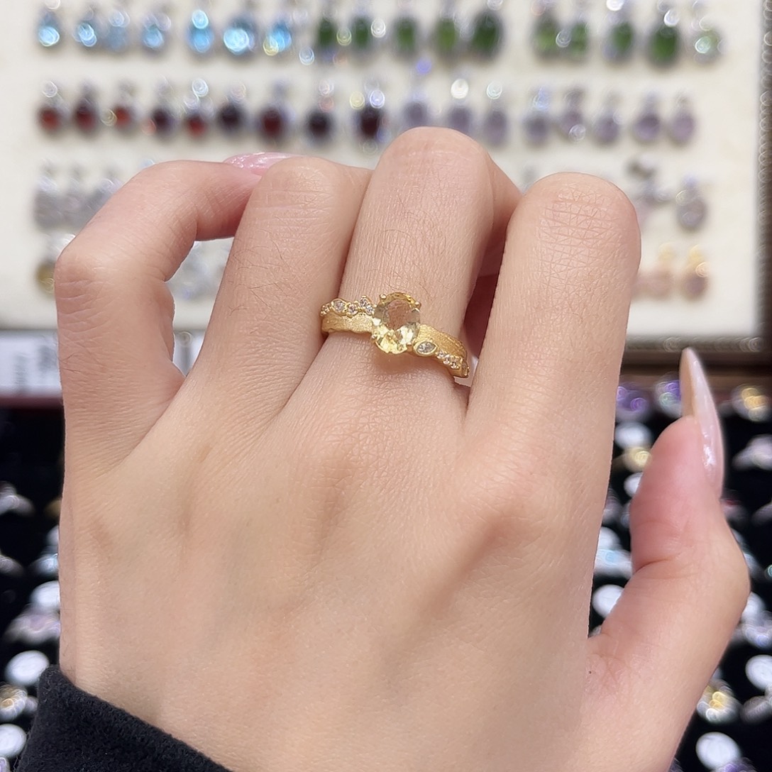 黄晶戒指银S925镶嵌金托不保色