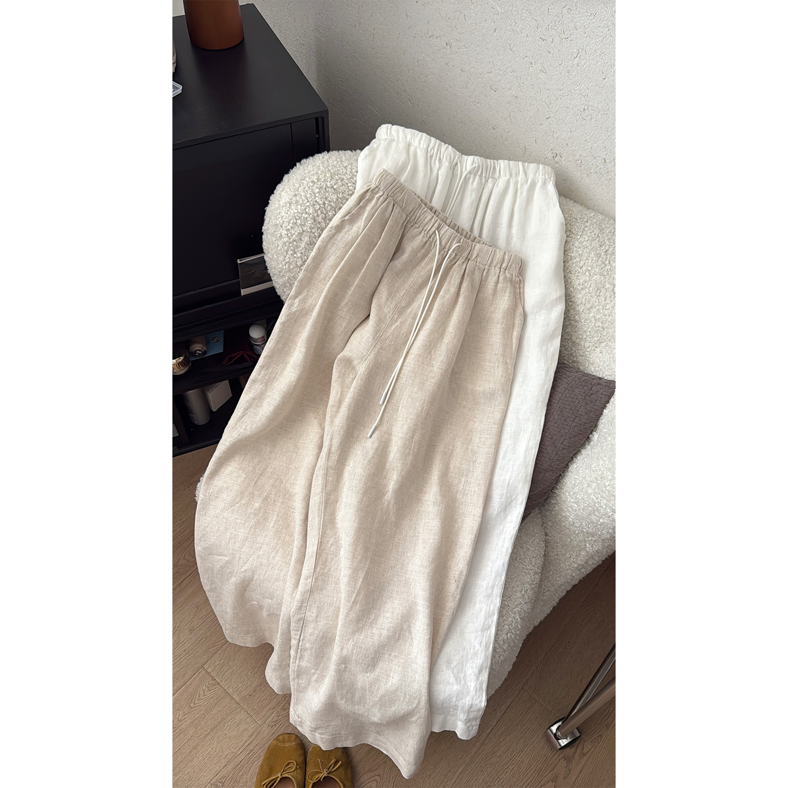 苏安家｜“南法假日” 松弛感纯亚麻松紧腰阔腿裤白色带肤色里衬不透