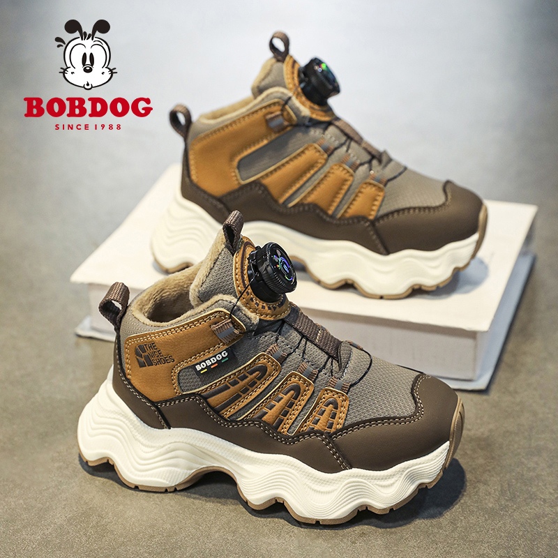 Bobdog/巴布豆冬季高帮加绒运动旋转纽扣运动鞋男女童跑步童鞋