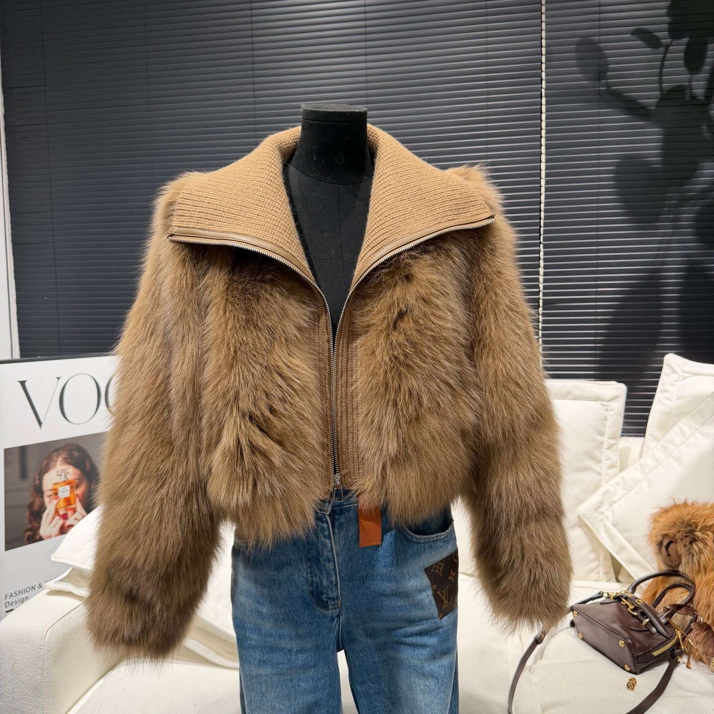  【松岛冬日】2025 新款针织大翻领狐狸毛皮草女短款韩系拉链外套冬