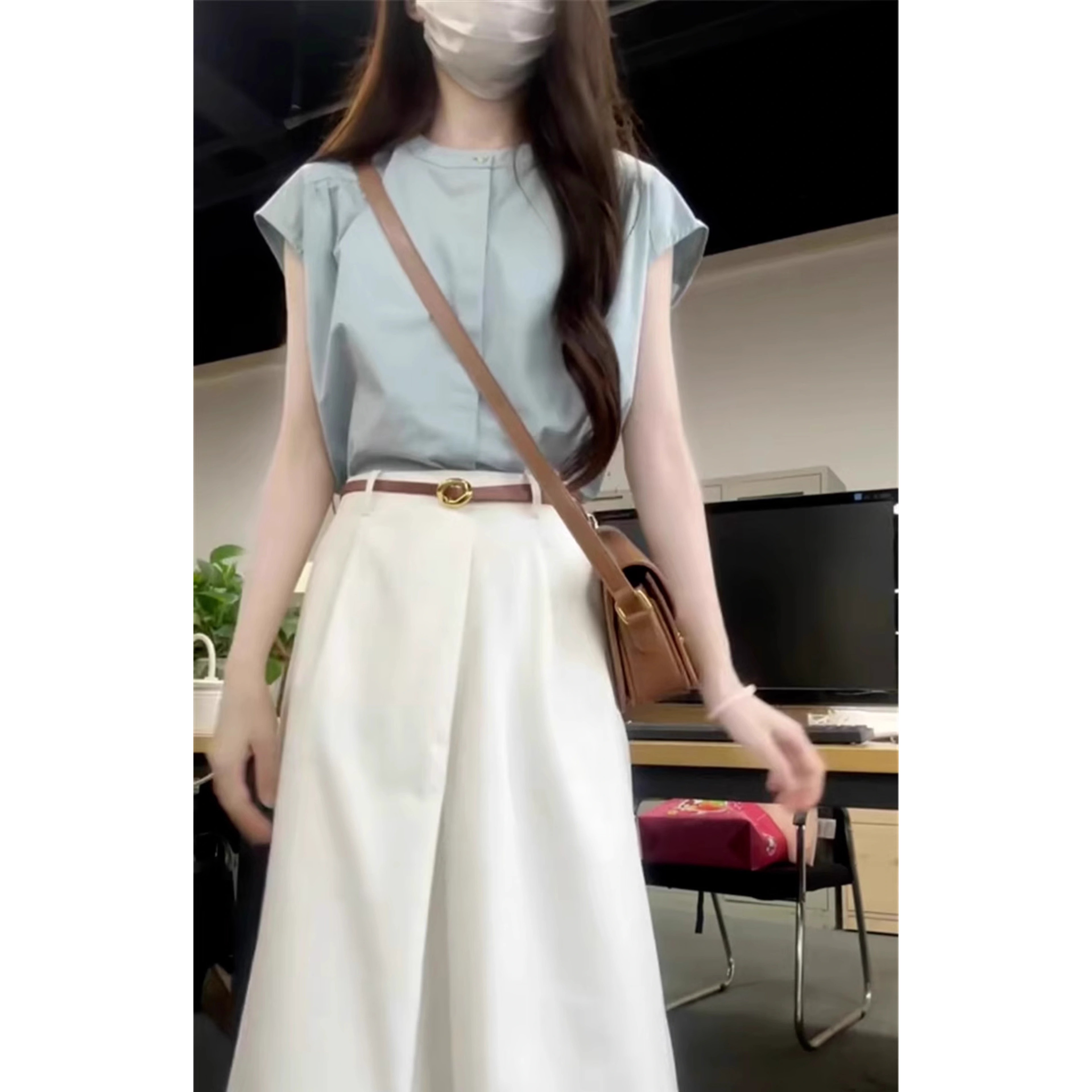 短袖小衫套装女夏季蓝色小飞袖2025新款上衣女设计感小众法式别致