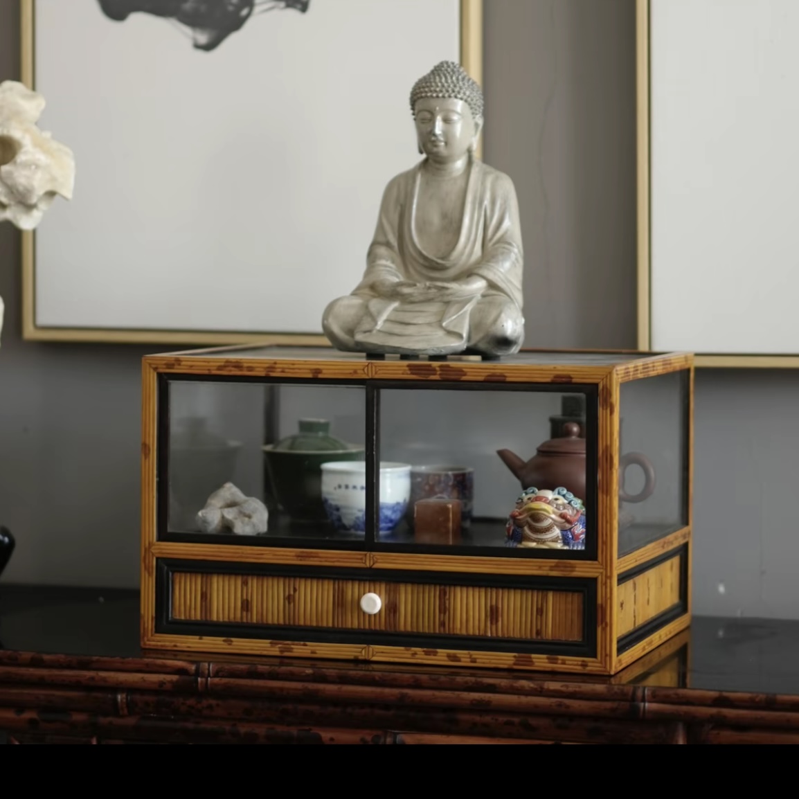 竹将匠湘妃竹玻璃柜茶具储物柜防尘展示柜中式茶具收纳柜