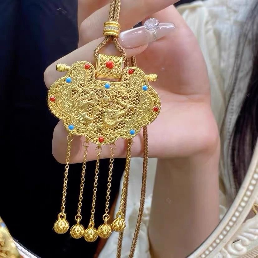 新中式宫廷天子门生流苏锁包古风吊坠项链龙凤呈祥毛衣链