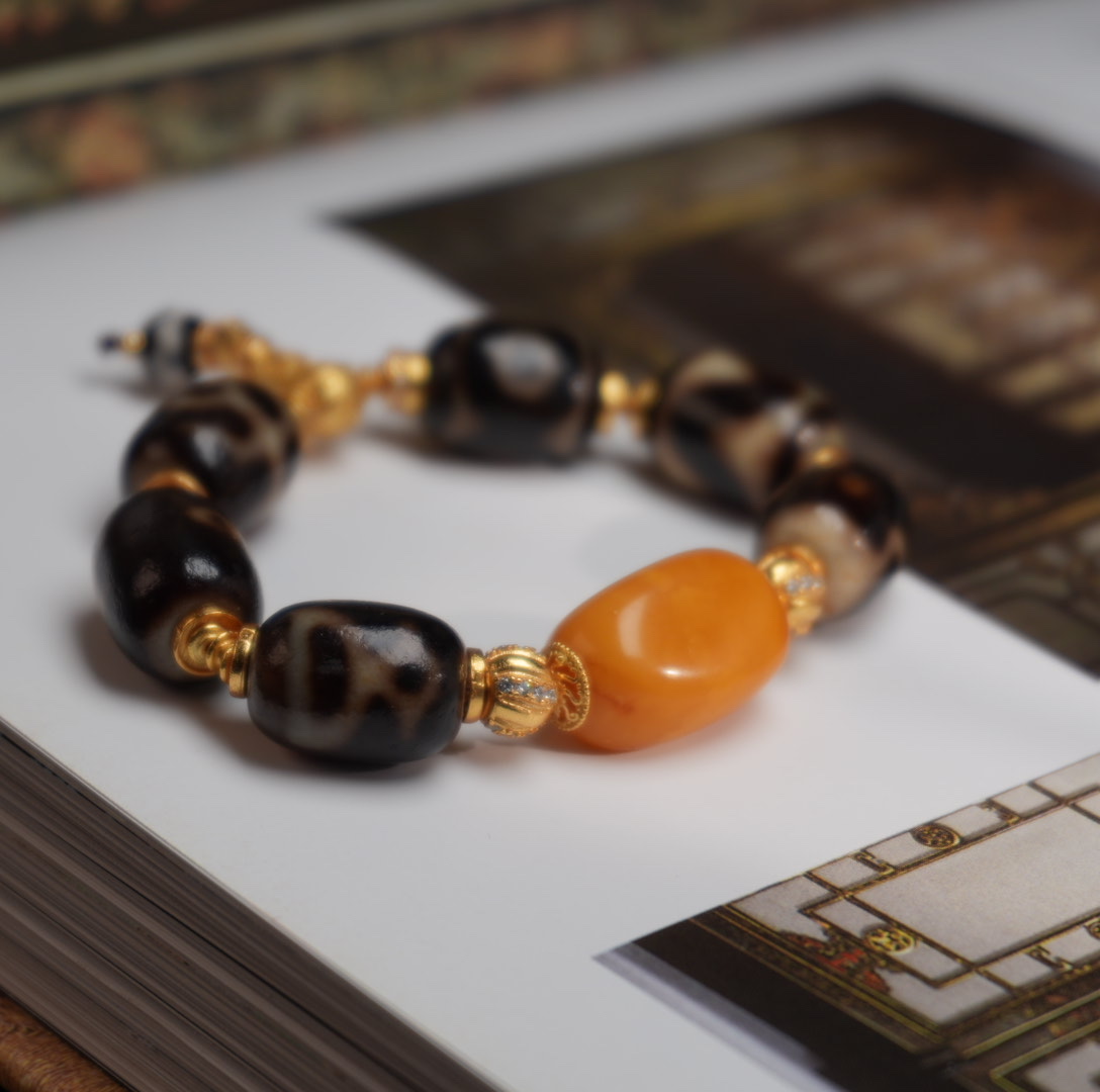 【要努力】F635 玛瑙银S925镶嵌 天珠 多珠珠蜜蜡随型手串