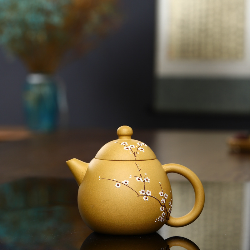 原矿紫砂梅花龙蛋壶手工黄金段泥
