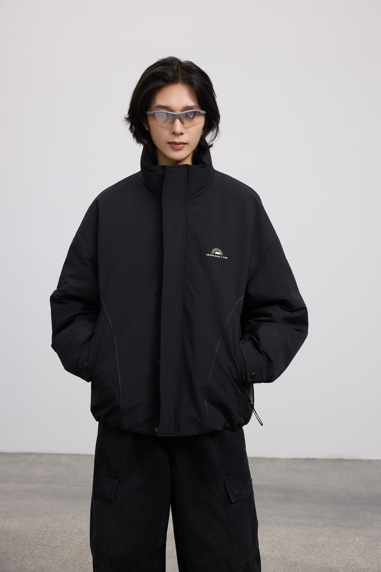 立领明线外穿男士黑色飞行秋冬防风保暖外套运动羽绒