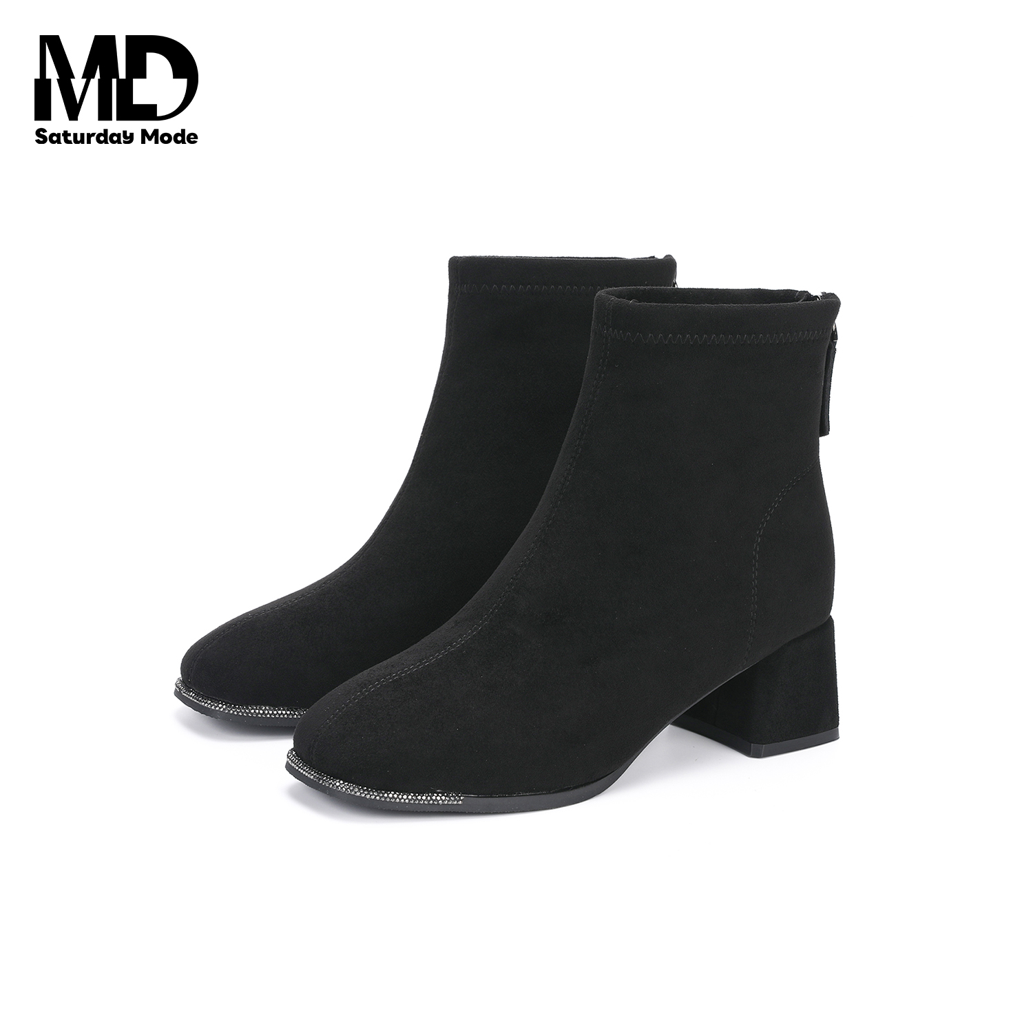 SATURDAYMODE绒面时装靴2025冬季新款闪钻正装粗跟短靴MDD4116032