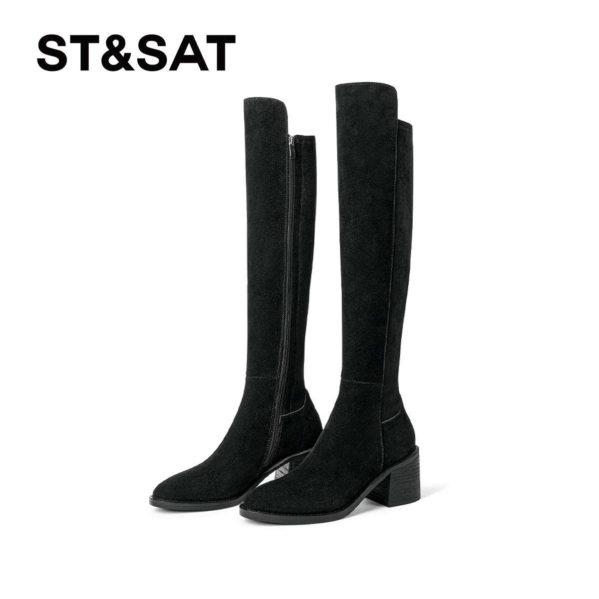 St&Sat/星期六时尚百搭粗跟长筒气质时装靴休闲女鞋圆头高跟靴子