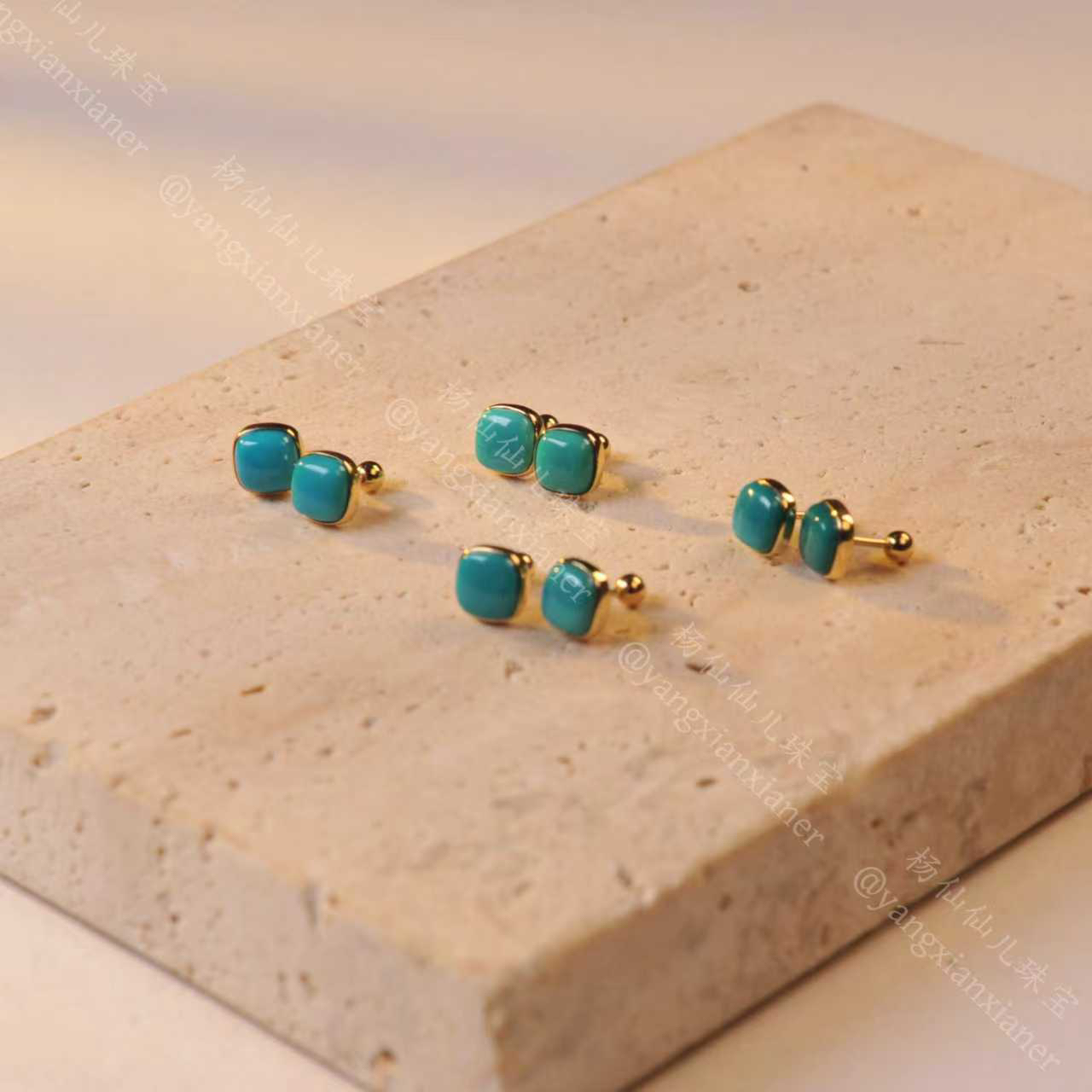 【杨仙仙珠宝】18K金镶嵌绿松石多宝耳钉（一对）多样性发其一1600