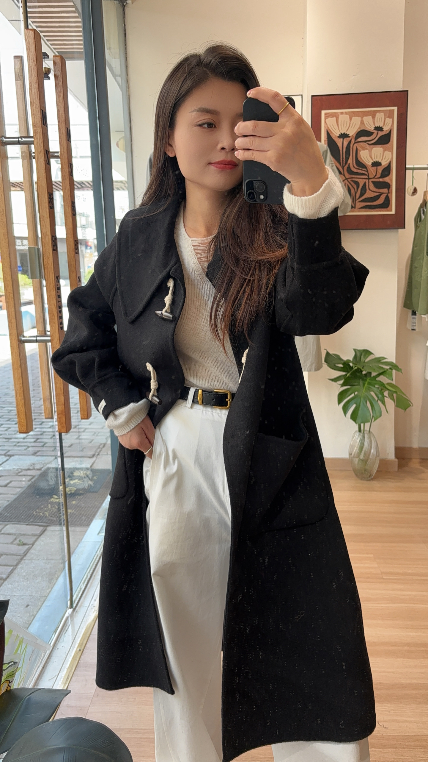减龄韩版秋冬中长款双面牛角扣女士大衣