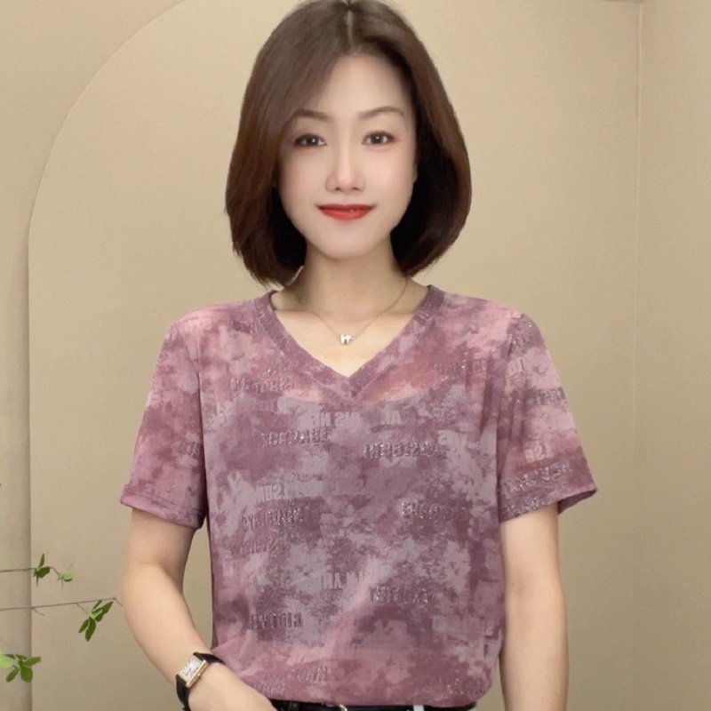 33130夏季新款时尚V领弹力短袖T恤遮肚气质休闲女士显瘦上衣