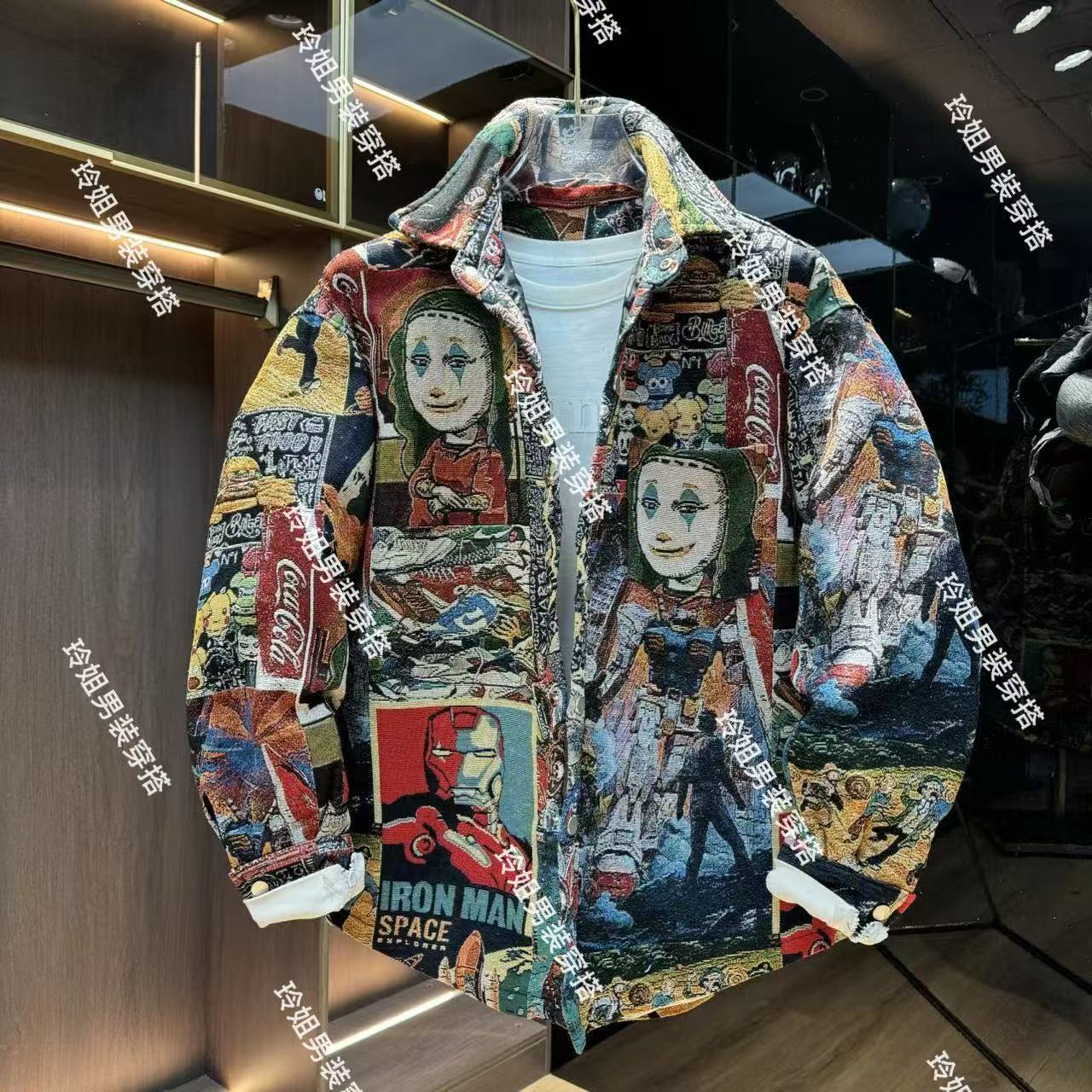 秋季小丑提花色织彩色宽松休闲衬衫外套青年痞帅翻领时尚百搭夹克