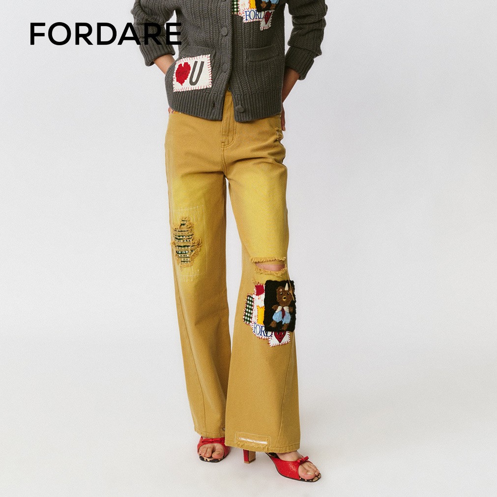 【现货】FORDARE/福蝶25秋冬复古碎花拼布领带小熊长裤