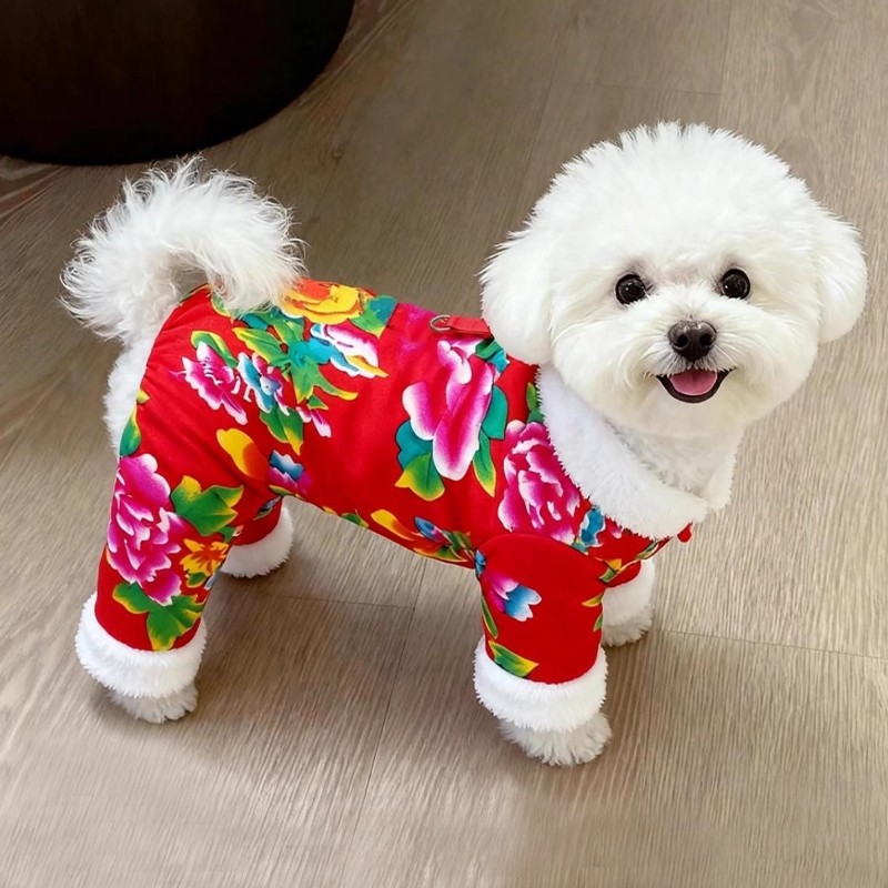 狗狗衣服秋冬加厚保暖东北大花袄泰迪比熊小型犬宠物可牵引四脚衣