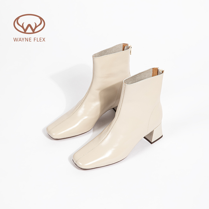 韦恩Wayneflex复古粗跟短靴女油蜡皮后拉链方头瘦瘦靴6255
