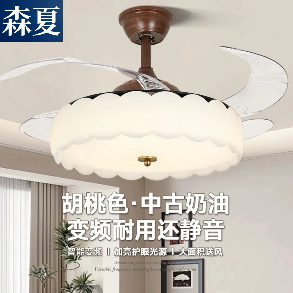 中古风扇灯咖啡餐厅卧室胡桃木色变频客厅护眼复古全铜隐形吊扇灯