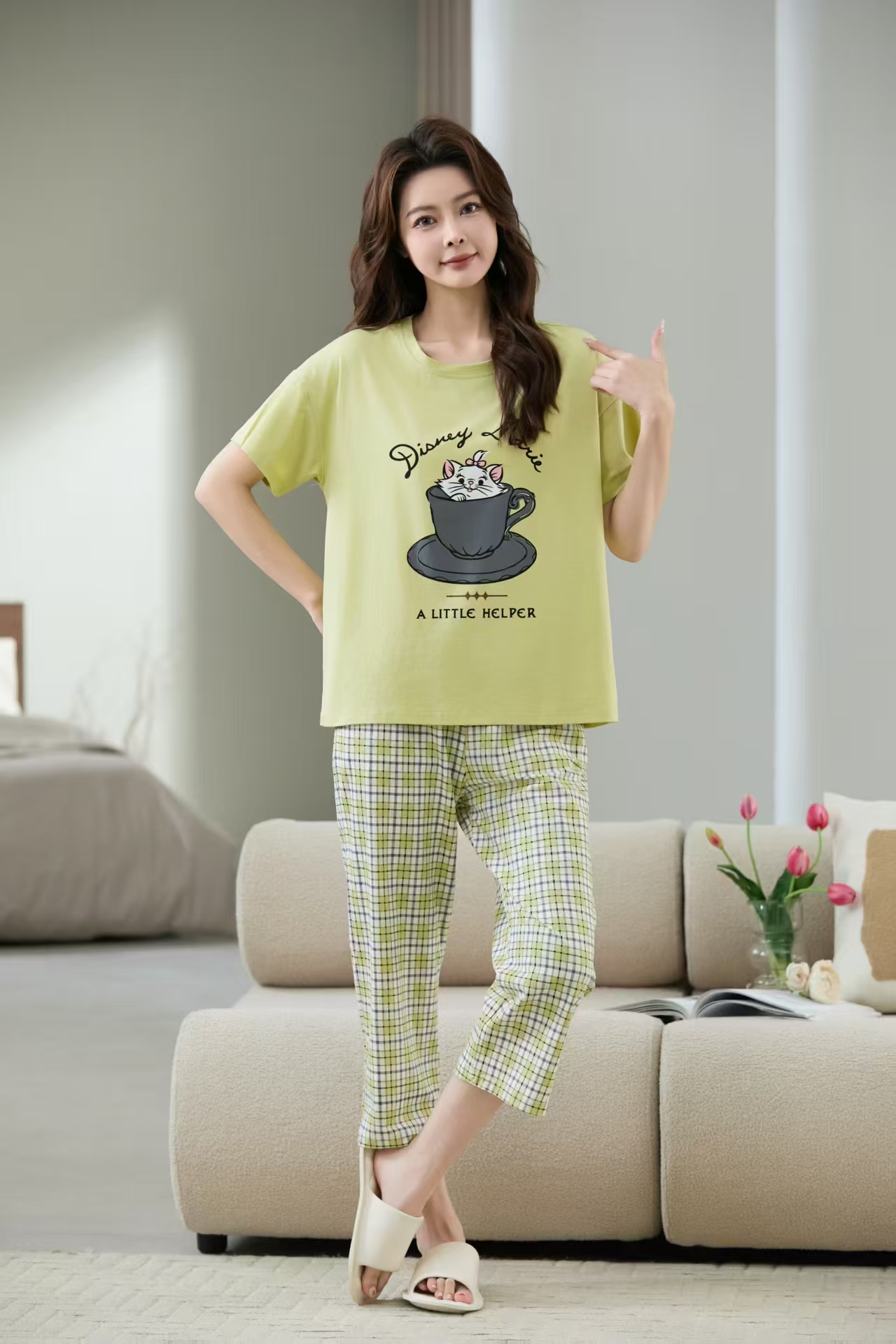 绿格子咖啡猫2025夏季新款爽棉短袖舒适休闲可外穿女款家居服睡衣