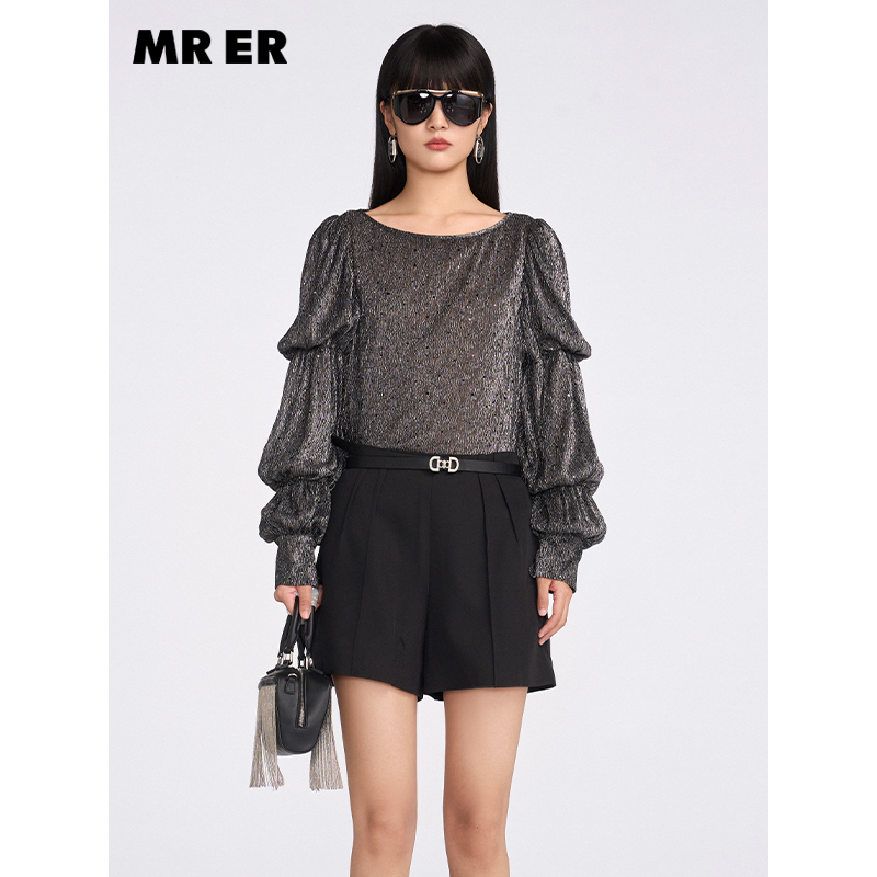 【达人专属】时尚高级感亮丝圆领灯笼袖雪纺衫上衣R5A21463