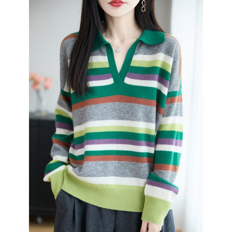 100%羊毛短款宽松版毛衣慵懒风针织衫剪刀领彩条D2516
