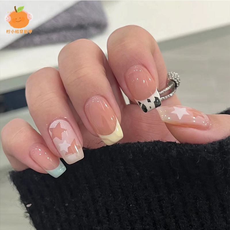 新款法式纯手工光疗美甲穿戴甲假指甲贴片可爱星星跳色可拆卸