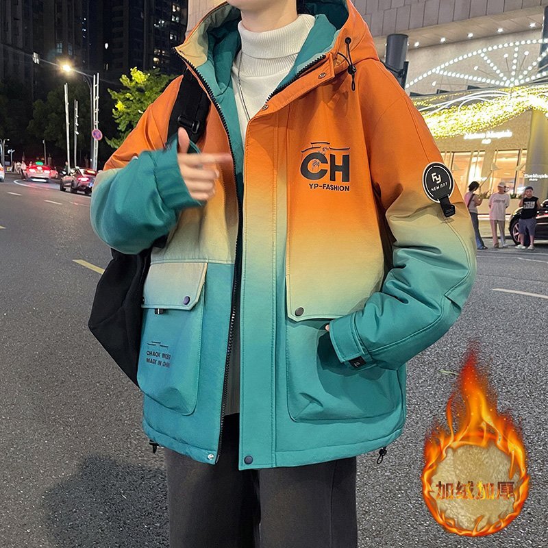 秋冬季港风加绒加厚渐变色连帽棉衣夹克男生潮流帅气保暖棉服外套
