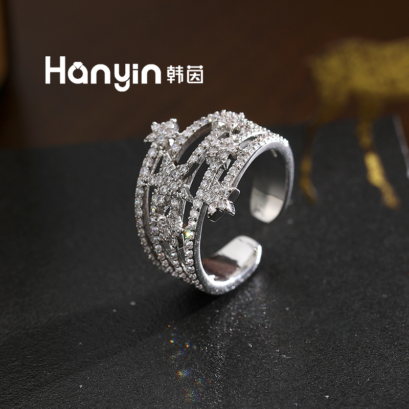 铜合金合成锆石戒指 韩版气质轻奢满镶五角星假四件开口戒指AAA