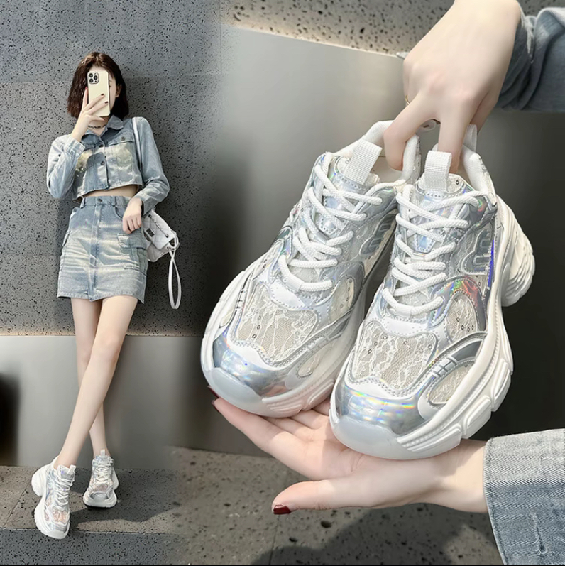 蕾丝炫彩厚底老爹鞋女2025夏季透气时尚百搭增高女鞋9290