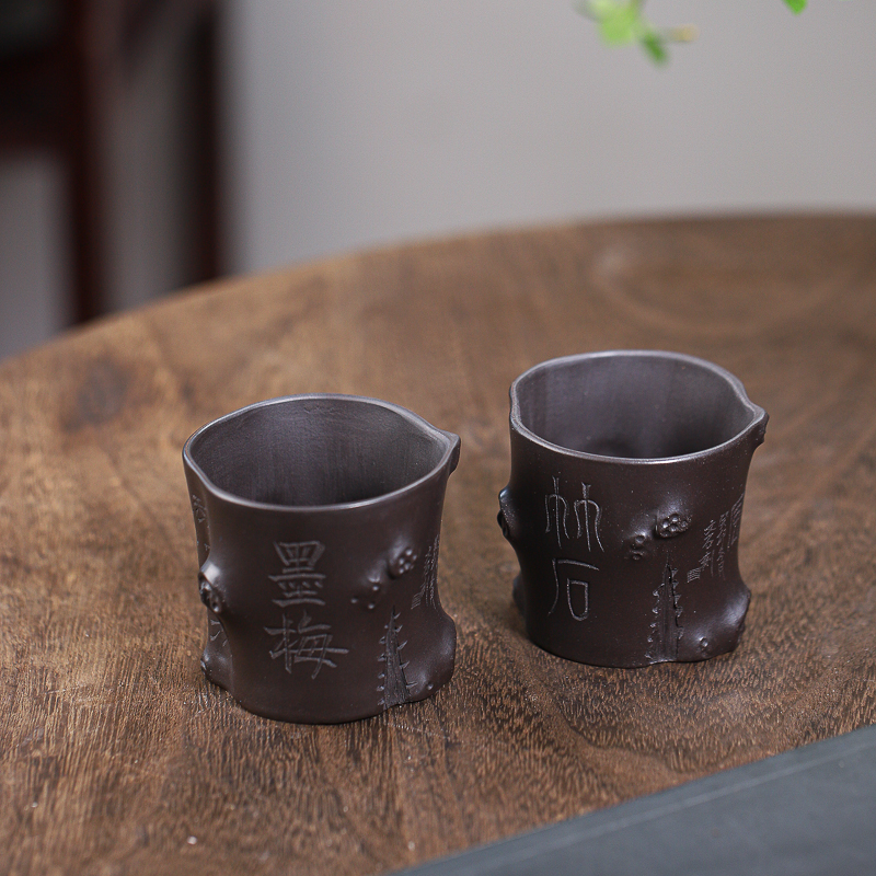 手工杯 | 宜兴紫砂杯  《墨梅》《竹石》石黄手工仿生主人杯