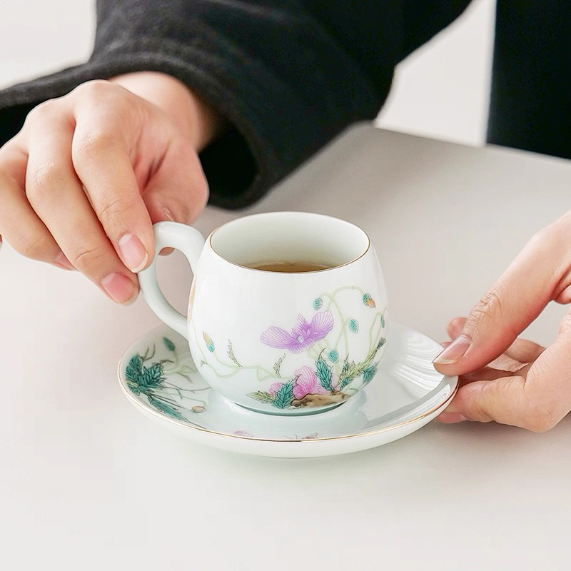 164手绘蝶恋花珐琅彩虞美人咖啡杯碟家用防烫茶杯