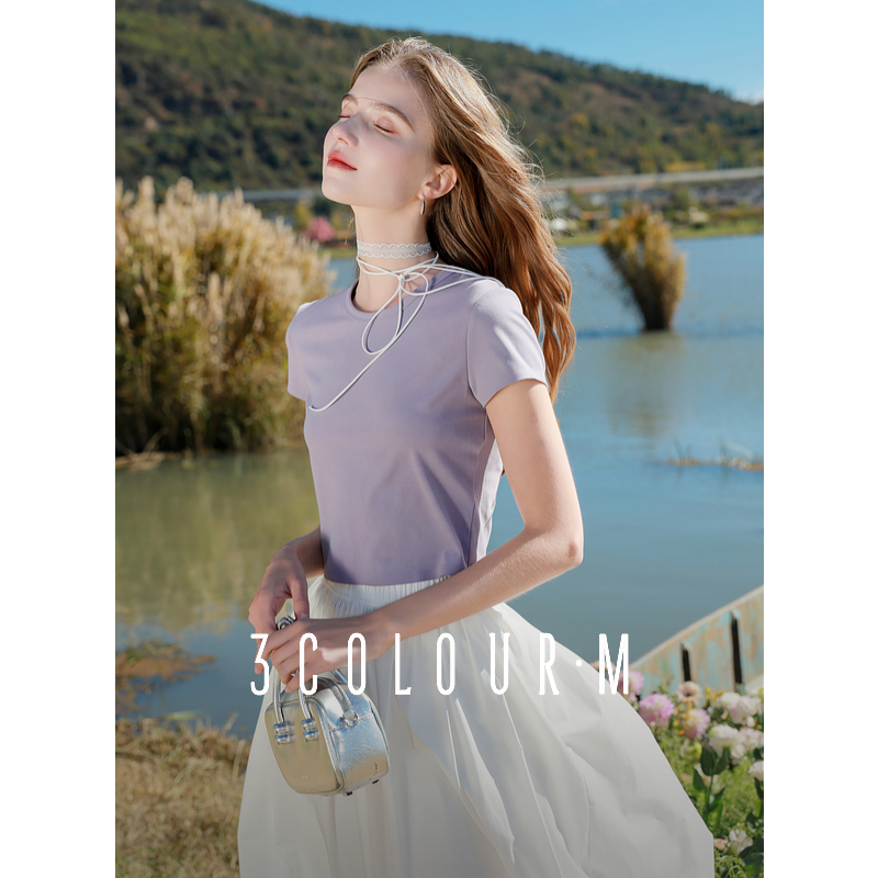 【芋总专属】三彩2025春季新款修身短款圆领T恤正肩短袖上衣基dbc