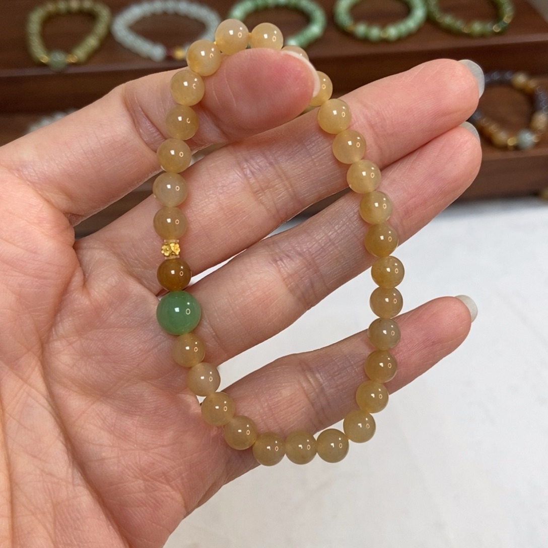 和田玉18K金镶嵌手链6mm糖白