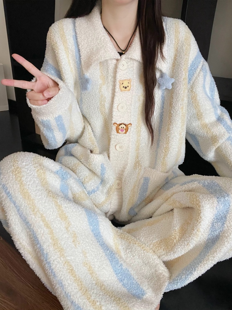 星星维尼熊2025年冬季新款半边绒睡衣女网红风韩版家居服套装