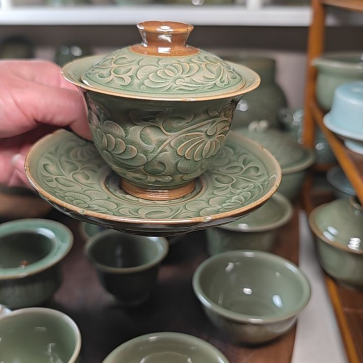 ?****1耀州窑孟红娟老师团菊三才盖碗（微瑕不退介意勿拍）