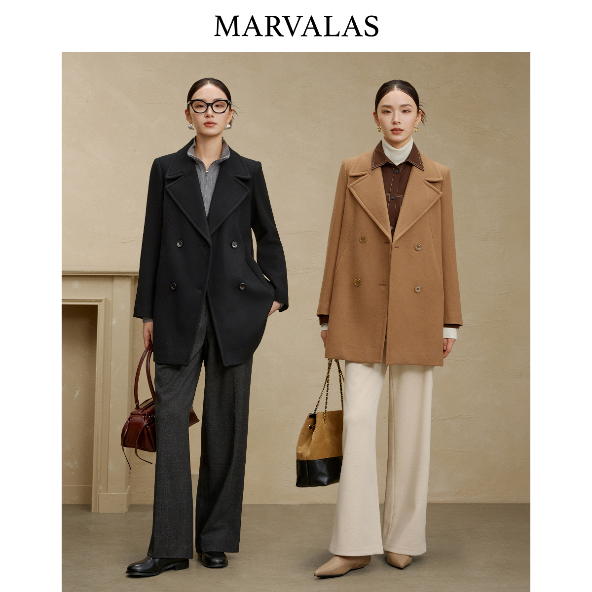 【小熊专属】百搭毛呢外套冬季绵羊毛混纺气质双排扣呢大衣