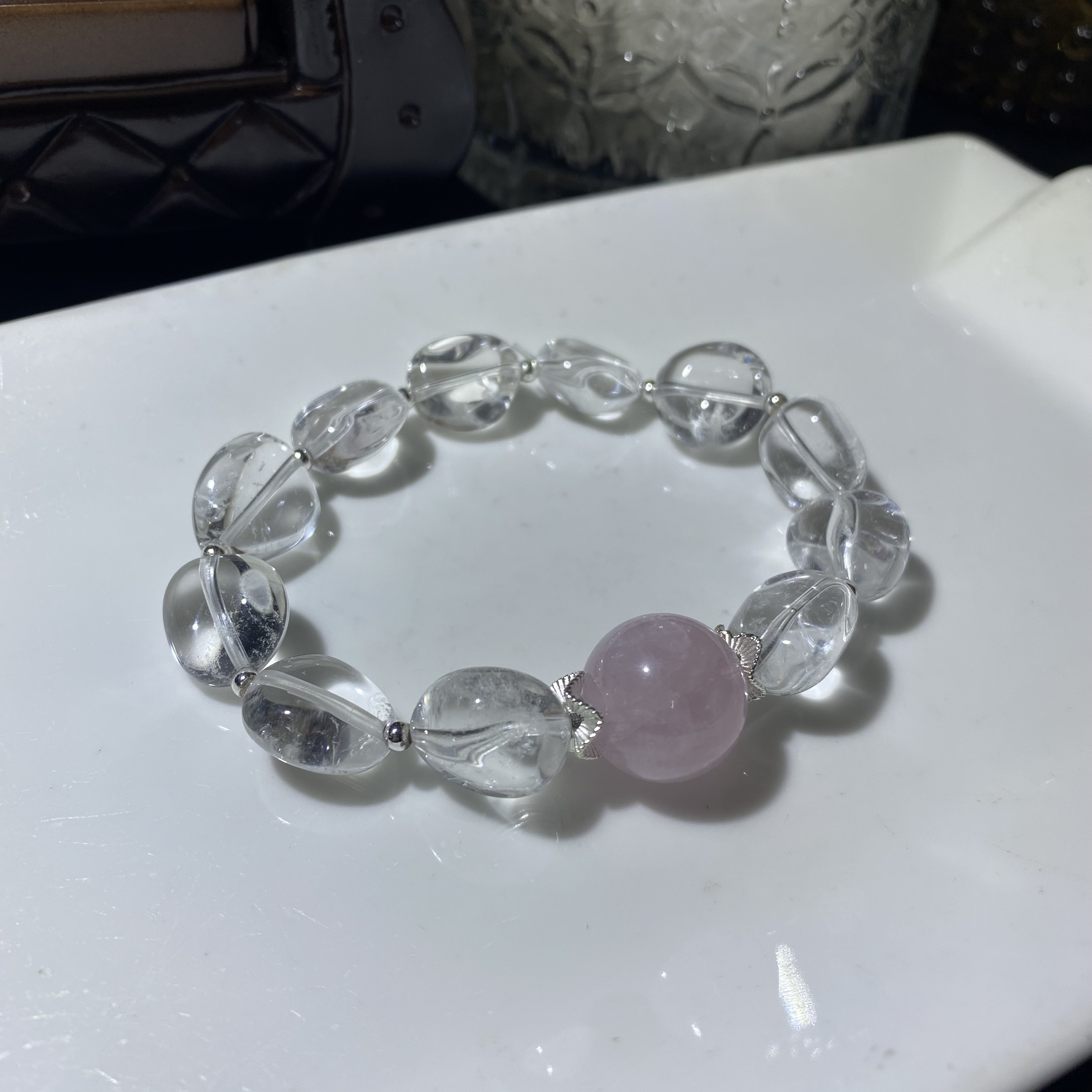 高品质白水晶随形搭配粉晶设计款手链-多样性发其一约9-14mmA103