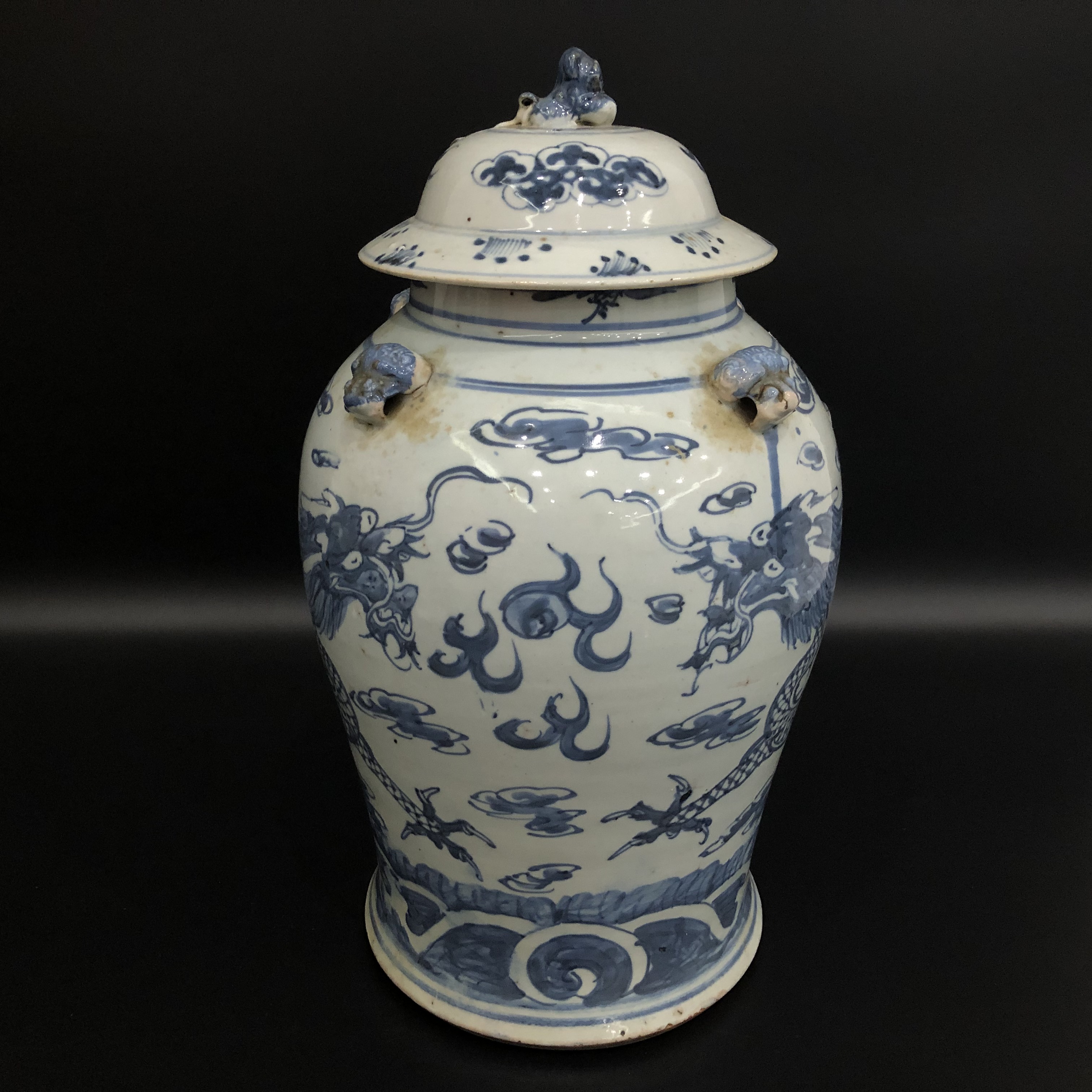 25120994 清嘉庆青花龙纹四系将军罐 高44.3cm