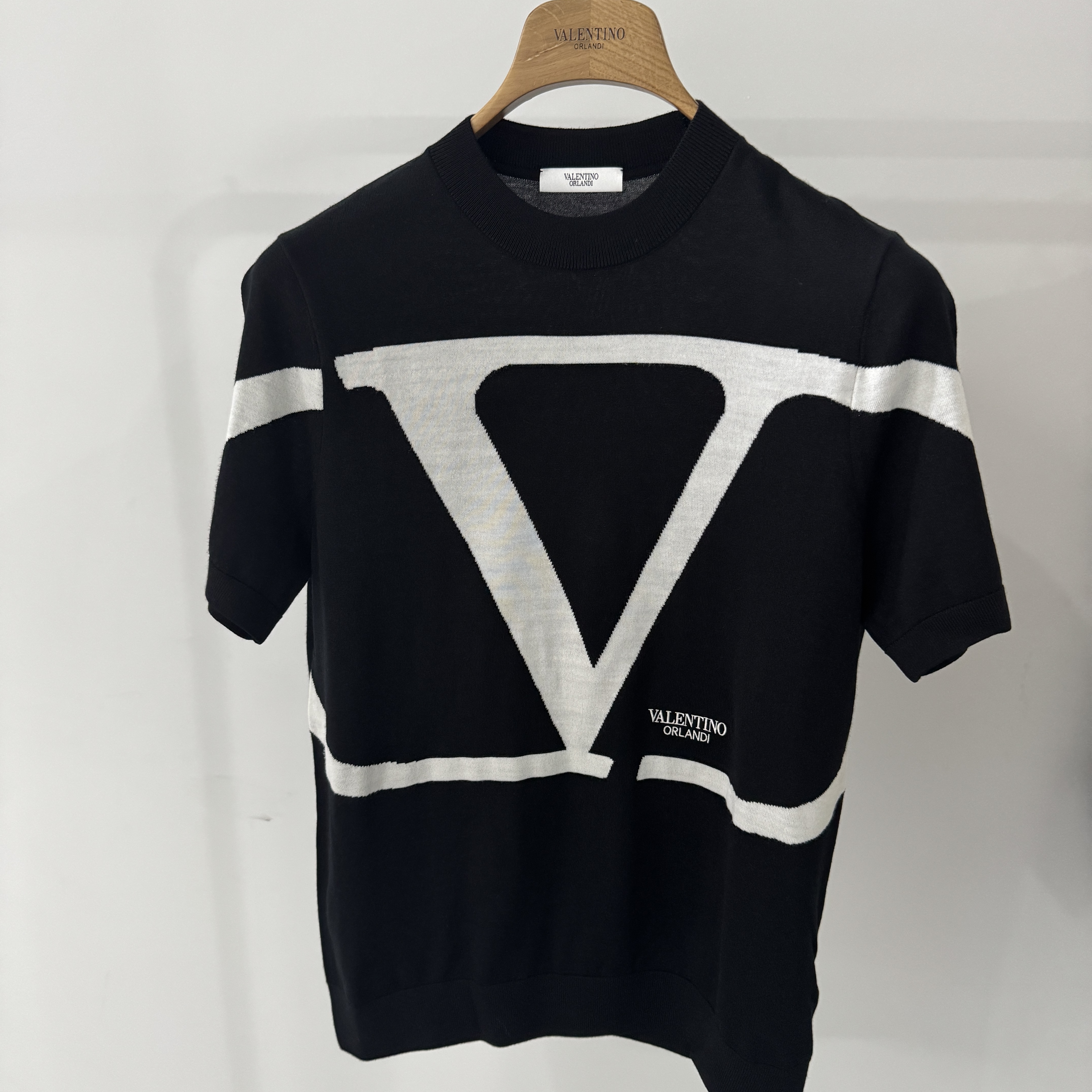 Valentino orlandi男士春秋A版时尚百搭撞色字母绵羊毛短袖针织衫