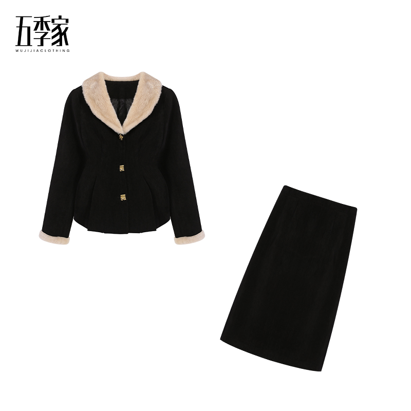 周周-大码气质优雅加厚保暖拼接上衣外套长半裙两件套ZL102792