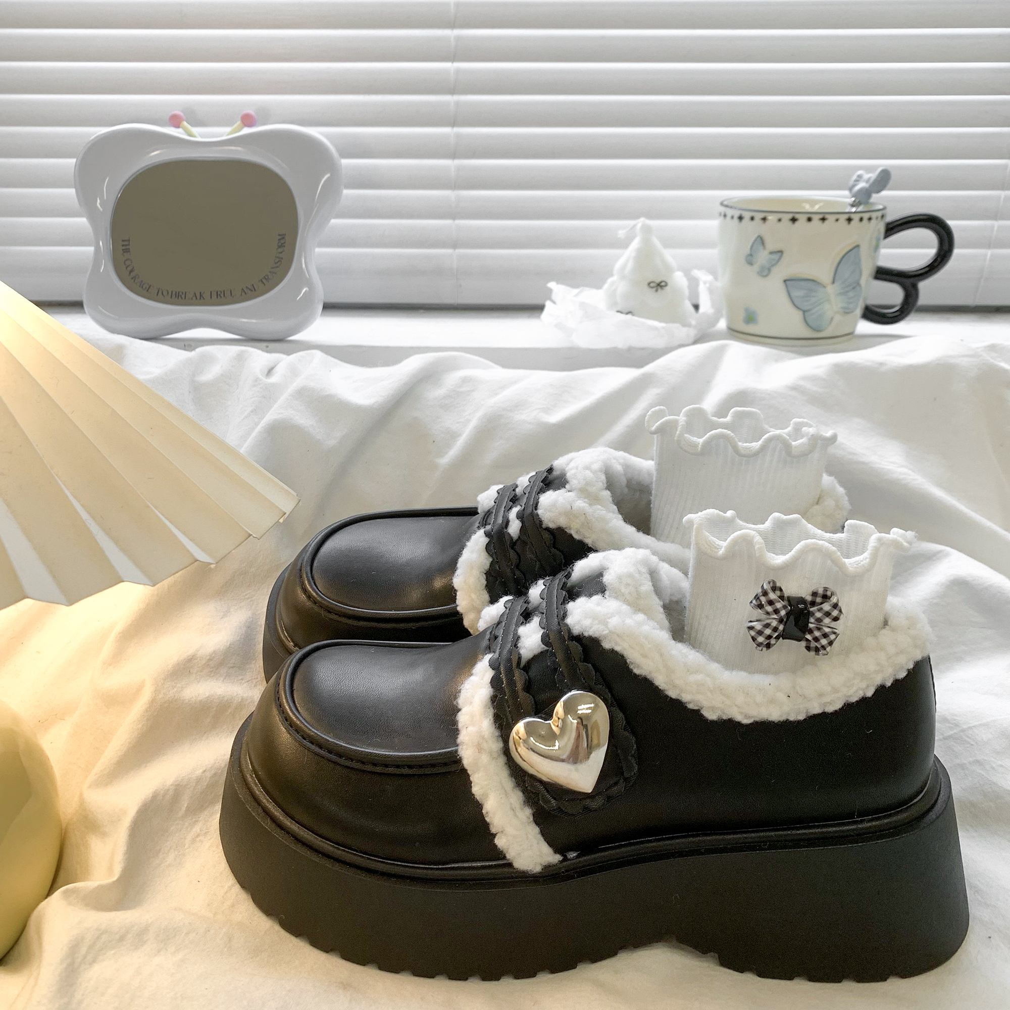 啄木鸟松糕厚底加绒乐福鞋女2025冬季新款毛毛棉鞋jk玛丽珍小皮鞋