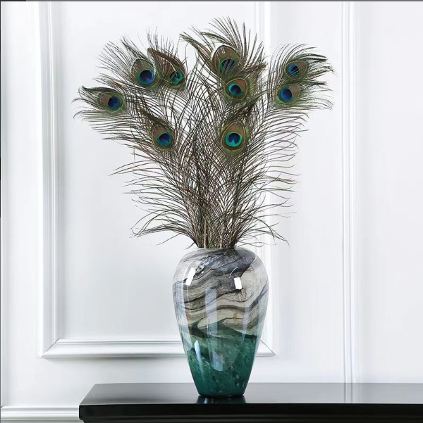 艺术水墨画艺术琉璃花瓶摆件现代玄关餐桌装饰客厅花器孔雀羽毛