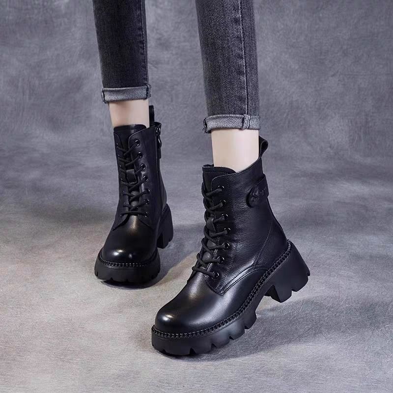 【万达撤柜】厚底马丁靴女中筒靴秋冬新款高跟鞋小个子增高短靴棉靴