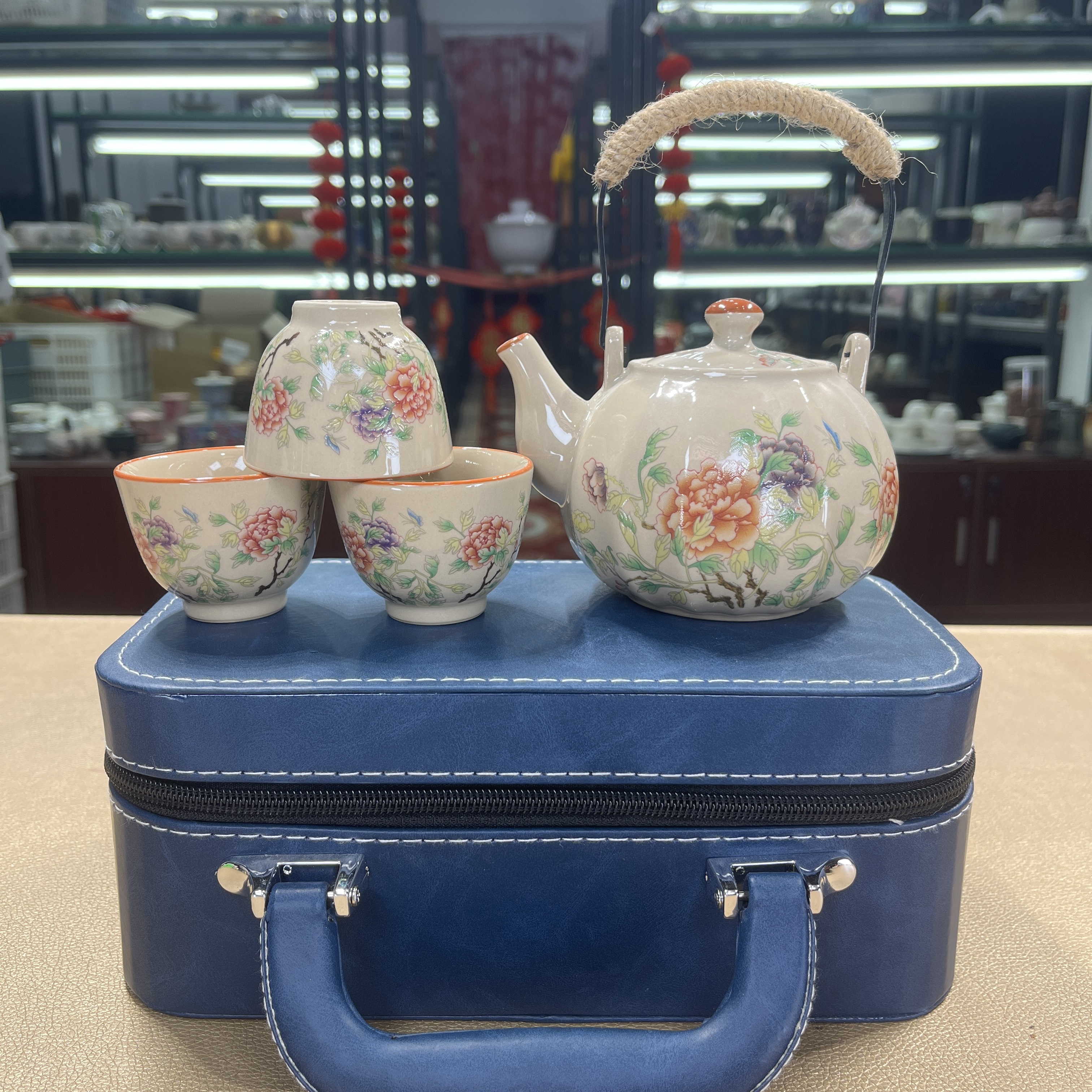 心名茶器 牡丹花开南瓜提梁壶旅行茶具一壶三杯-5299(直播专享）