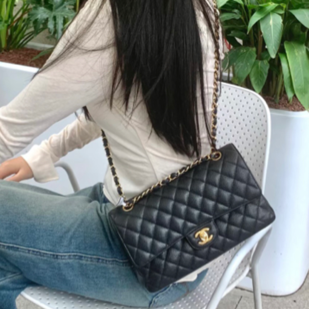 99新 Chanel/香奈儿 Chanel 香奈儿CF 系列黑金荔枝纹链条包中号 