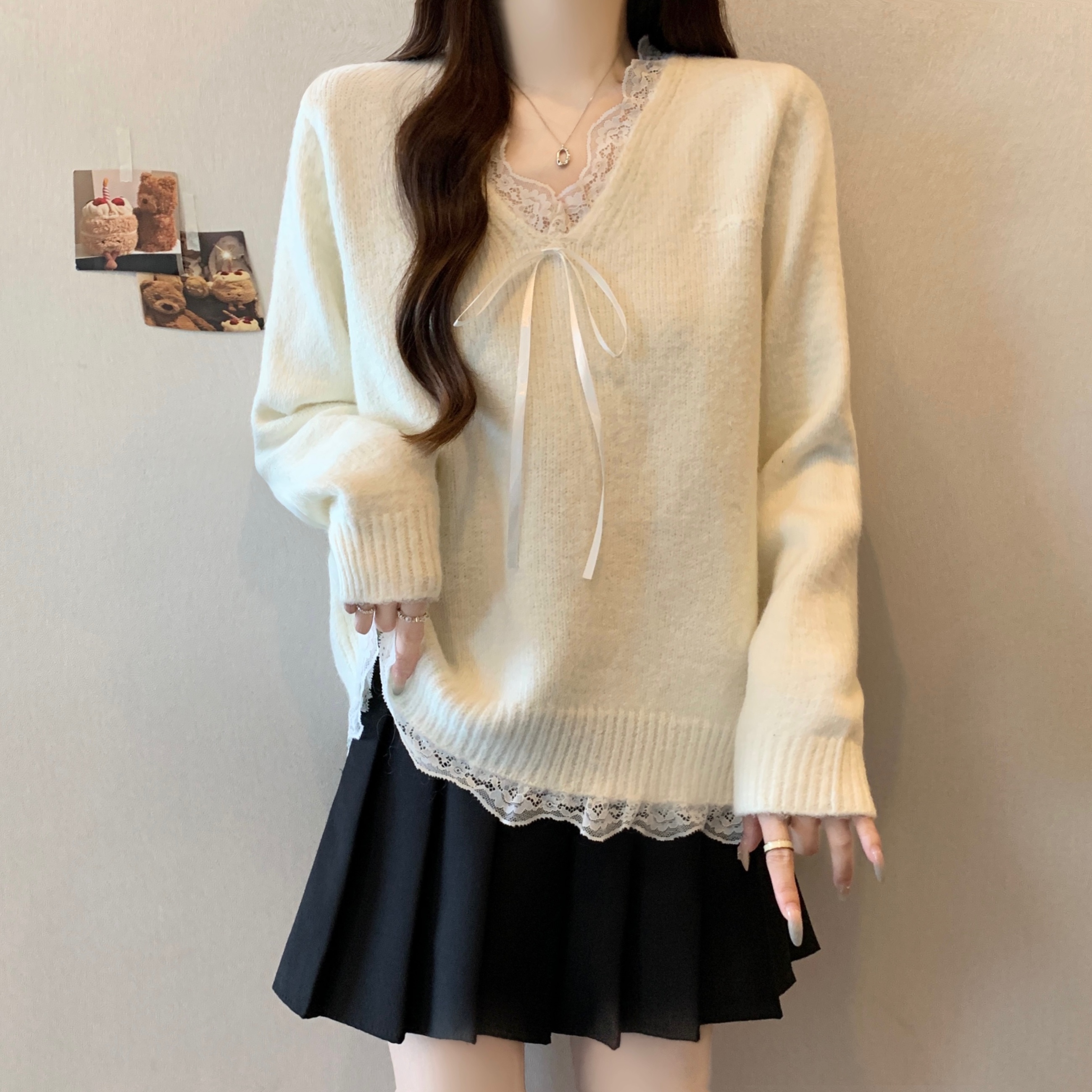法式蕾丝边V领正肩针织衫毛衣女2025秋冬新款大码胖mm打底衫上衣