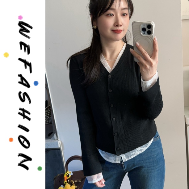 【WE】气质蕾丝拼接假两件V领褶皱针织衫