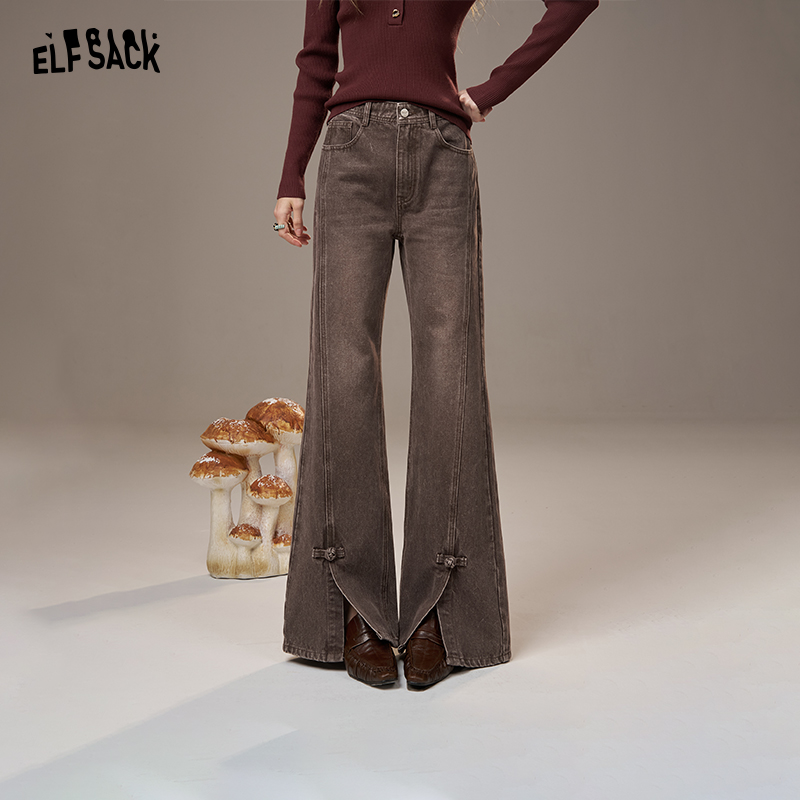妖精的口袋复古开叉新中式牛仔裤2025宽松微喇显瘦裤子25709005